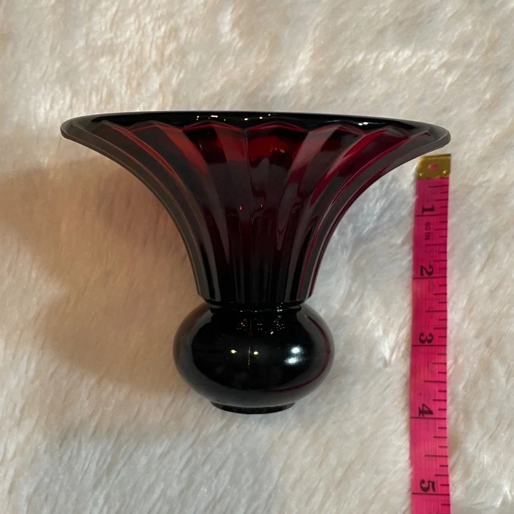 VTG Ruby Red Ribbed Glass Trumpet Vase Flared Rim Bulbous Base 1930s Art Deco